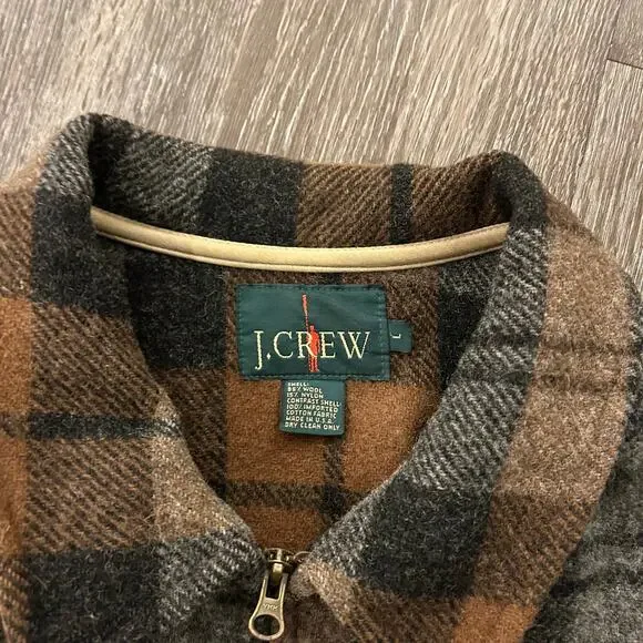 Vintage J.Crew Made in USA Wool Plaid Zip Jacket Brown Gray Check L Workwear EUC - Picture 7 of 16
